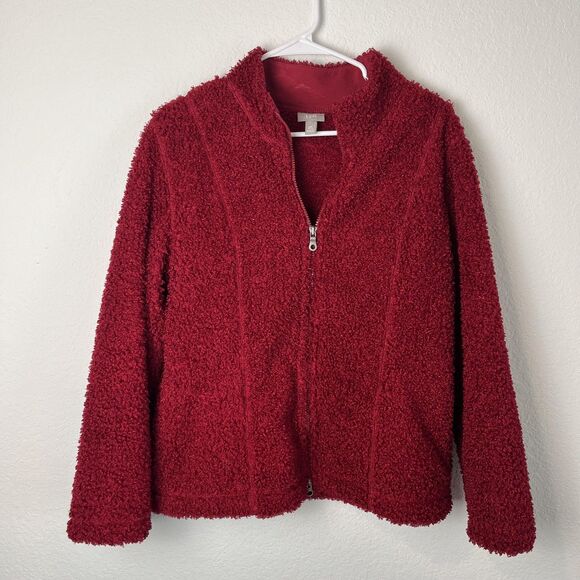 J. Jill Jacket Womens Medium Petite Red Sherpa Teddy Fleece Two Way Full Zip - Picture 1 of 8